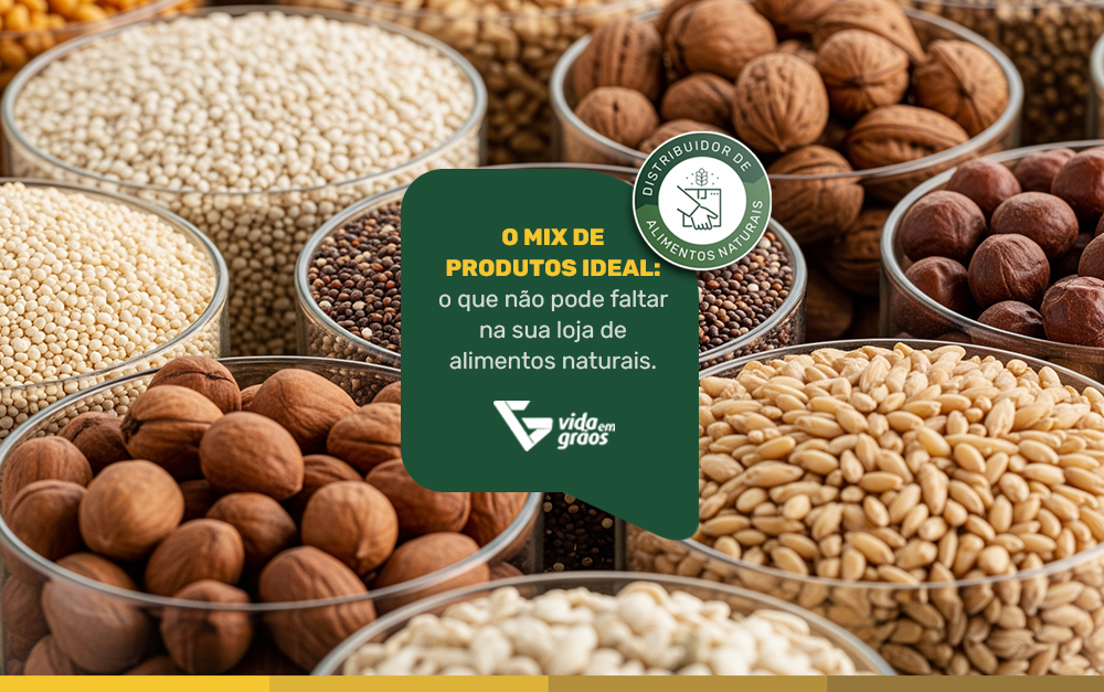 Imagem com um exemplo de mix de produtos que uma loja de produtos naturais pode oferecer para os clientes.